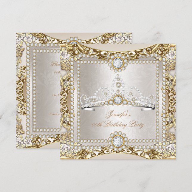 Invitation Princess Cream Gold Diamond Tiara fête d'anniversa (Devant / Derrière)