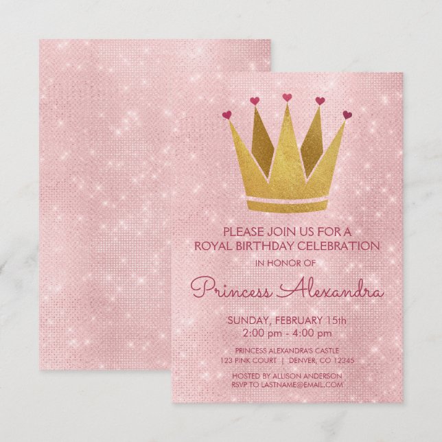 Invitation Princess Crown Pink - Rose Gold Anniversaire (Devant / Derrière)