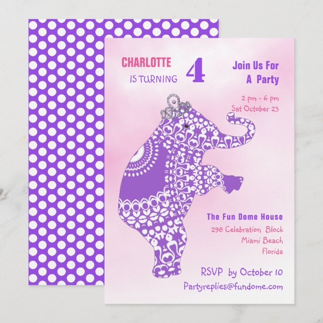 Invitation Princess Cute Elephant Girls Anniversaire (Devant / Derrière)