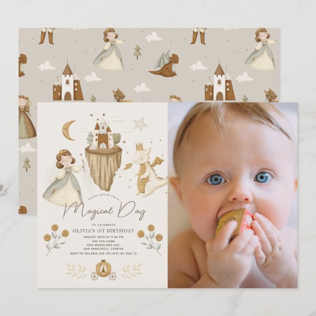 Invitation Princess Dragon Boho Fairytale 1er Anniversaire Ph (Devant / Derrière)