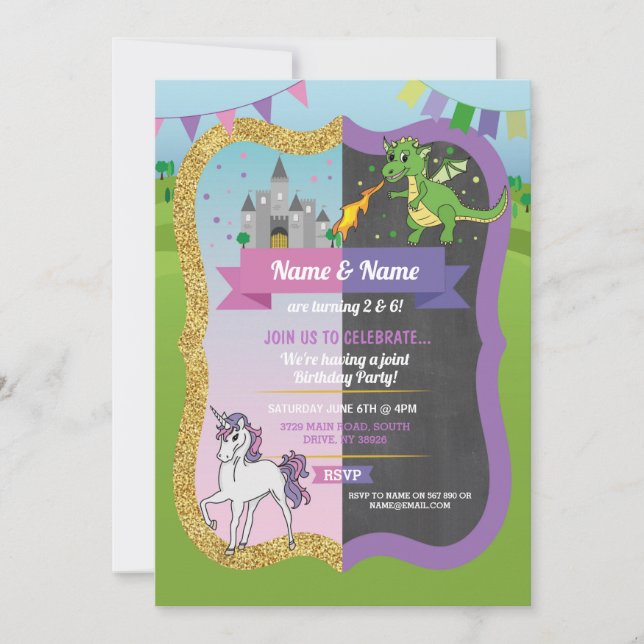 Invitation Princess Dragon Castle Unicorn Joint Boy Girl (Devant)
