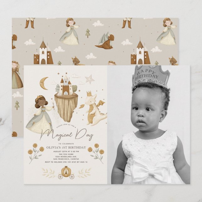 Invitation Princess Dragon Fairytale Peau noire 1er anniversa (Devant / Derrière)