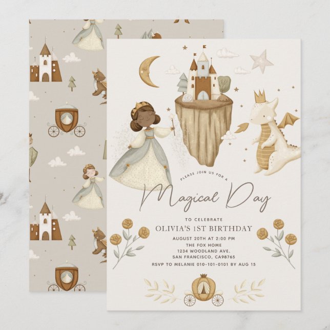 Invitation Princess Dragon Fairytale Peau noire 1er anniversa (Devant / Derrière)