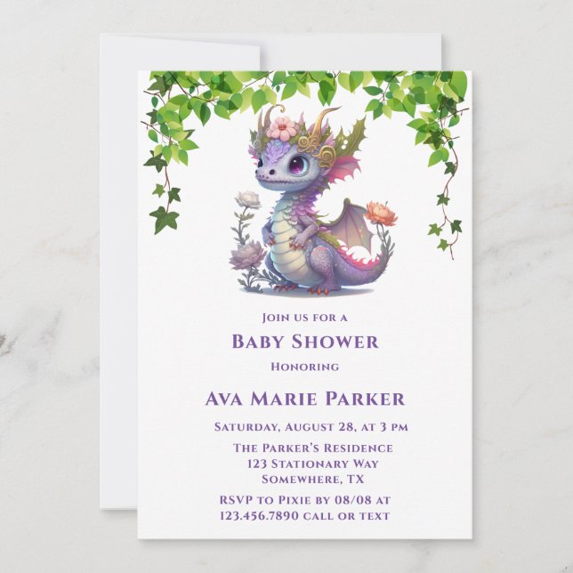 Invitation Princess Dragon Florals Baby shower fille (Devant)
