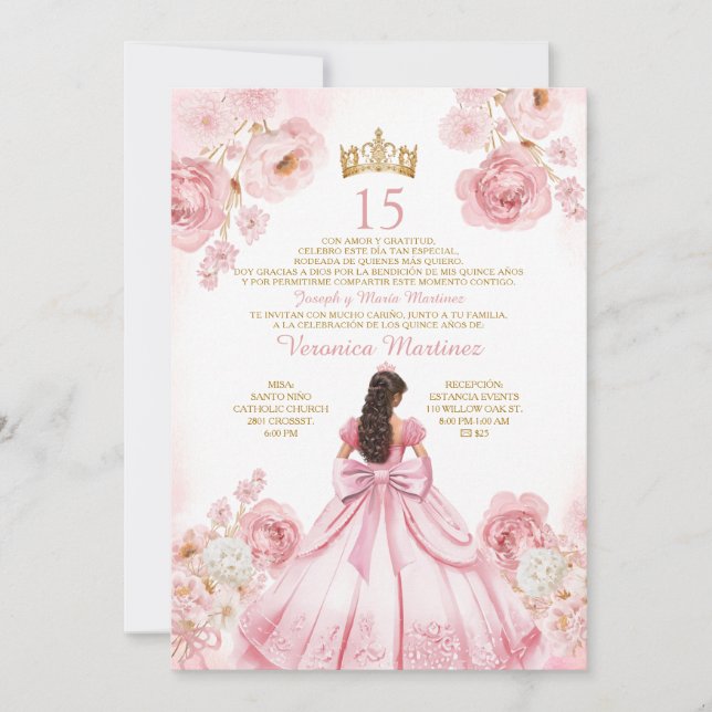 Invitation Princess Dress Gold Crown Floral XV Birthday (Devant)