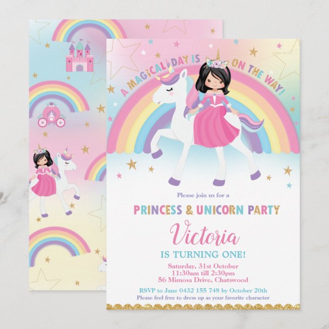 Invitation Princess et Unicorn Rainbow Castle (Devant / Derrière)