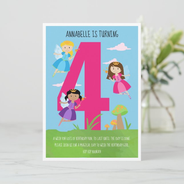 Invitation Princess Fairy Girl's 4th Birthday Party (Debout devant)