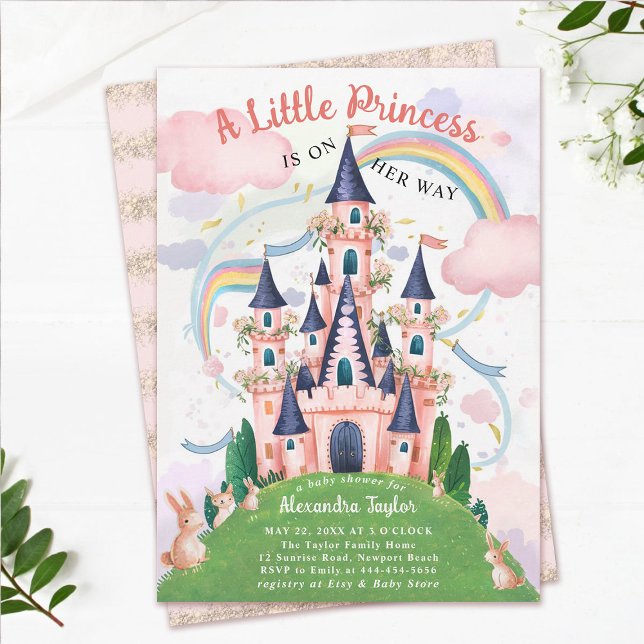 Invitation Princess Fairytale Castle Bunny Baby Girl Douche (princess baby shower invitation pink fairytale enchanted garden bunny rabits magical castle cute)