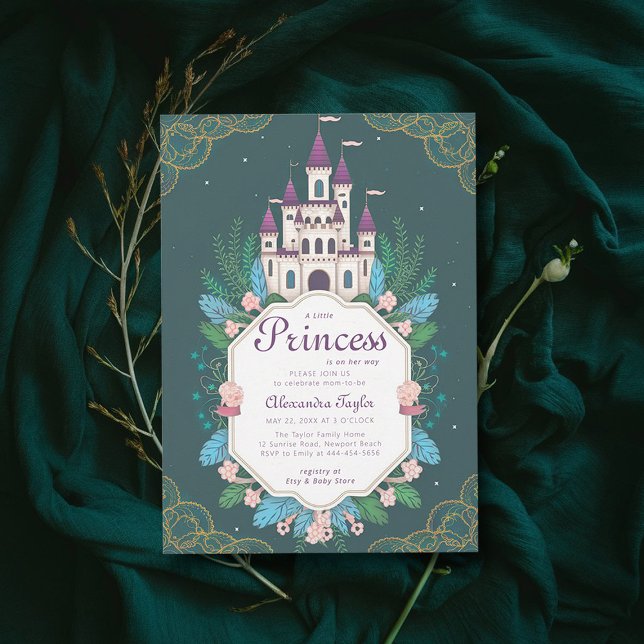Invitation Princess Fairytale Castle Forest Baby Girl Douche (princess girl baby shower invitation enchanted forest magical castle emerald greenery frame)