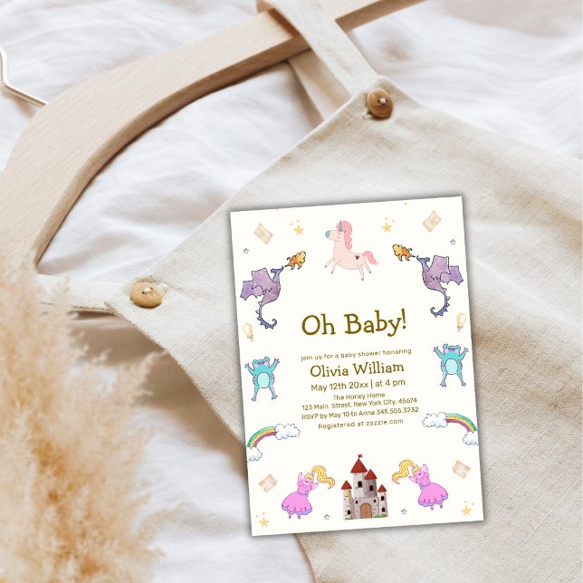 Invitation Princess Fairytale Dragon Unicorn Baby shower (Princess Fairytale Dragon Unicorn Baby Shower Invitation)