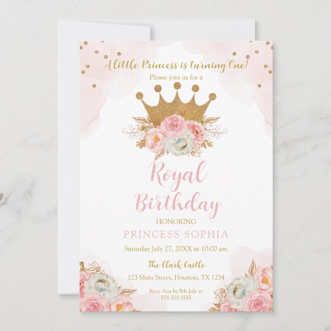Invitation Princess Floral Pink & Gold Birthday (Devant)