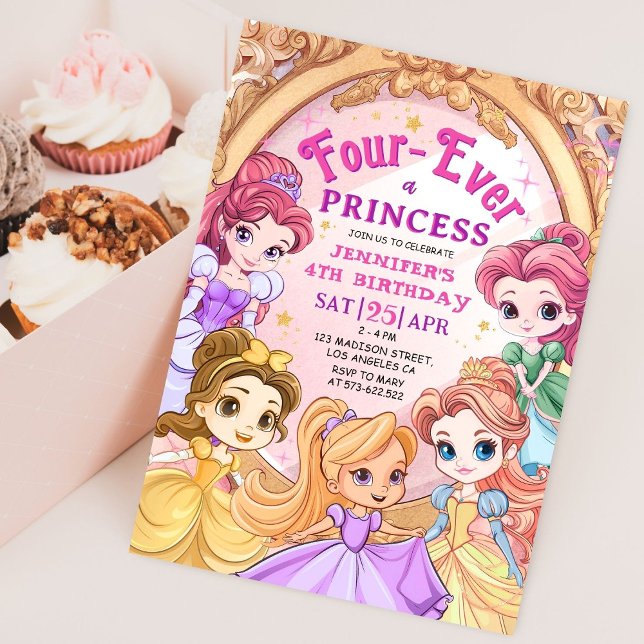 Invitation Princess Girl 4th Birthday Party Pink Gold Royal (Créateur téléchargé)