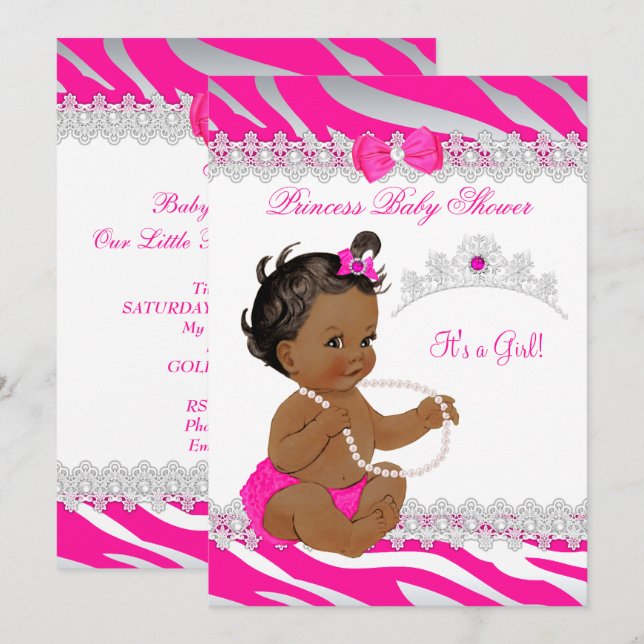 Invitation Princess Girl Baby shower Hot rose Zebra Ethnic (Devant / Derrière)