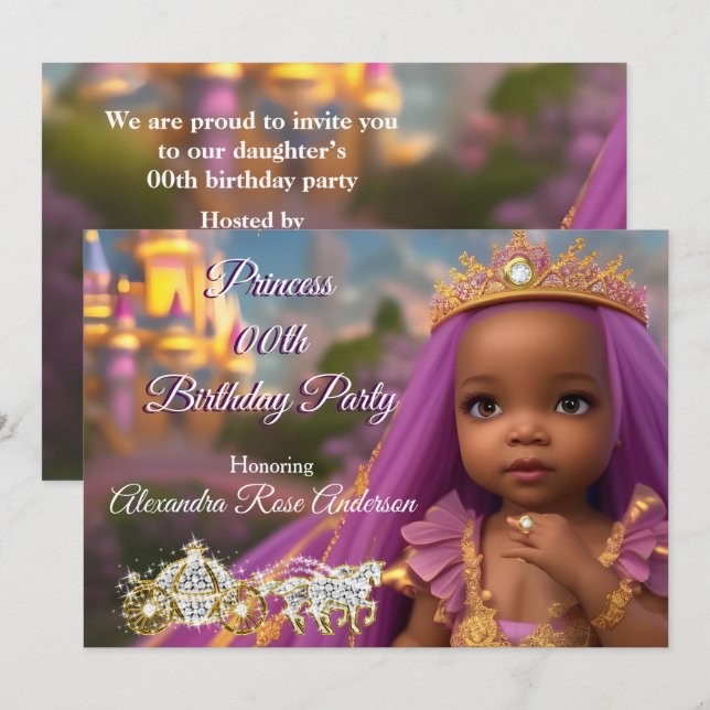 Invitation Princess Girl Birthday Party tiara violette ethnie (Devant / Derrière)