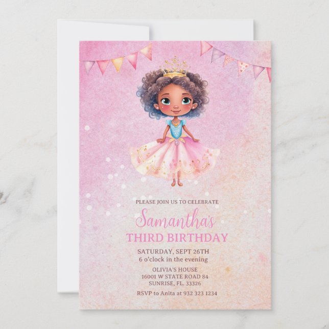 Invitation Princess Girl Parties scintillant afro-américaine  (Devant)