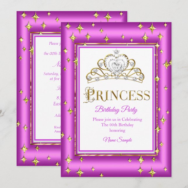 Invitation Princess Gold Purple Rose Anniversaire (Devant / Derrière)