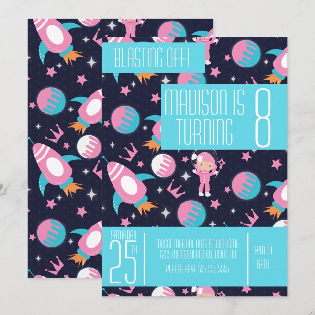 Invitation Princess Landing Rocket Ship Moon Anniversaire N'i (Devant / Derrière)