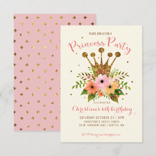 Invitation Princess Party Parties scintillant Floral Crown An (Devant / Derrière)
