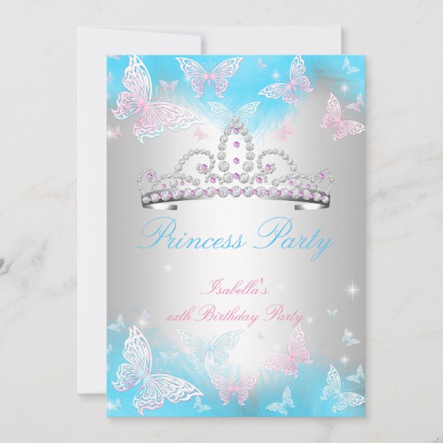 Invitation Princess Party Turquoise Bleu Tiara Papillon rose  (Devant)