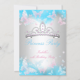 Invitation Princess Party Turquoise Bleu Tiara Papillon rose 