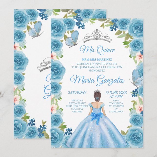 Invitation Princess Pastel Blue Roses & Butterfly Mis Quince (Devant / Derrière)