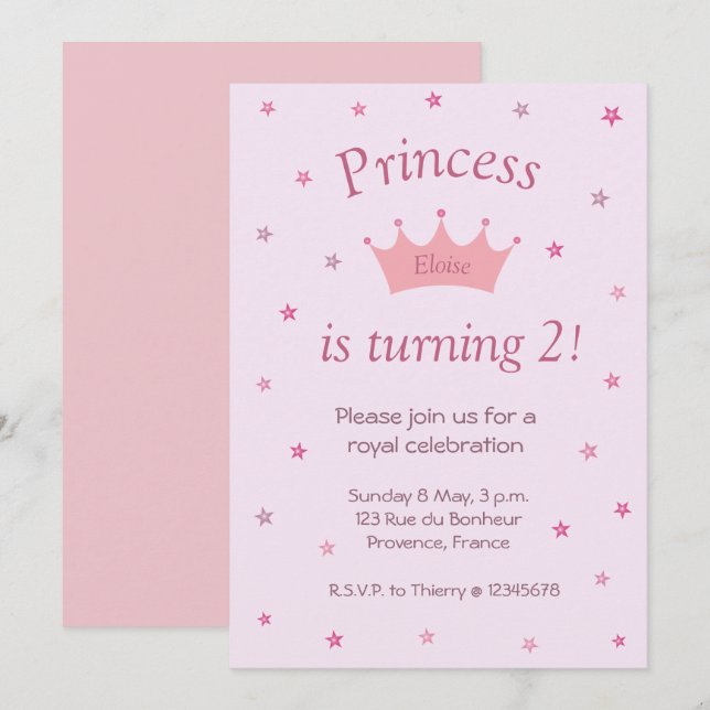 Invitation Princess Pink Crown Tiara Stars Enfants Bébé Anniv (Devant / Derrière)