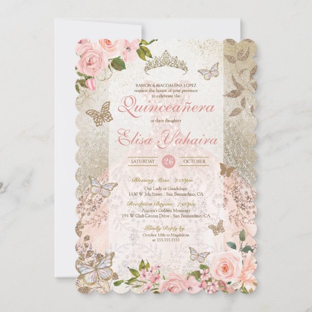 Invitation Princess Pink Gold Rose Butterfly Glam Quinceanera (Devant)