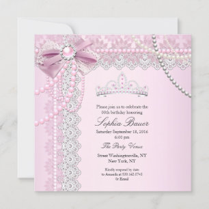 Invitation Princess Pink Pearl Bow Lace Anniversaire B