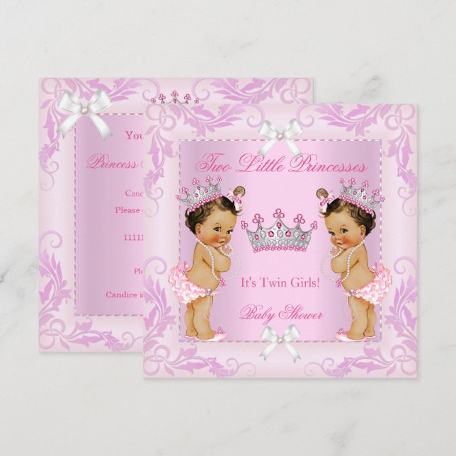 Invitation Princess Pink Pearls Twin Baby shower Tiara BR (Devant / Derrière)