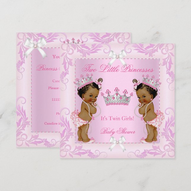 Invitation Princess Pink Pearls Twin Baby shower Tiara Ethniq (Devant / Derrière)
