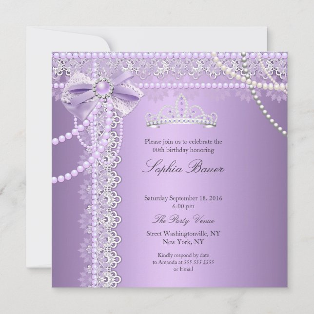 Invitation Princess Purple Pearl Bow Lace Anniversaire (Devant)