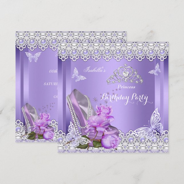 Invitation Princess Purple Pearls Rose High Heel Anniversaire (Devant / Derrière)