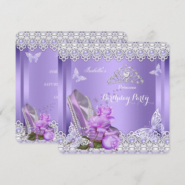 Invitation Princess Purple Pearls Rose High Heel Anniversaire (Devant / Derrière)