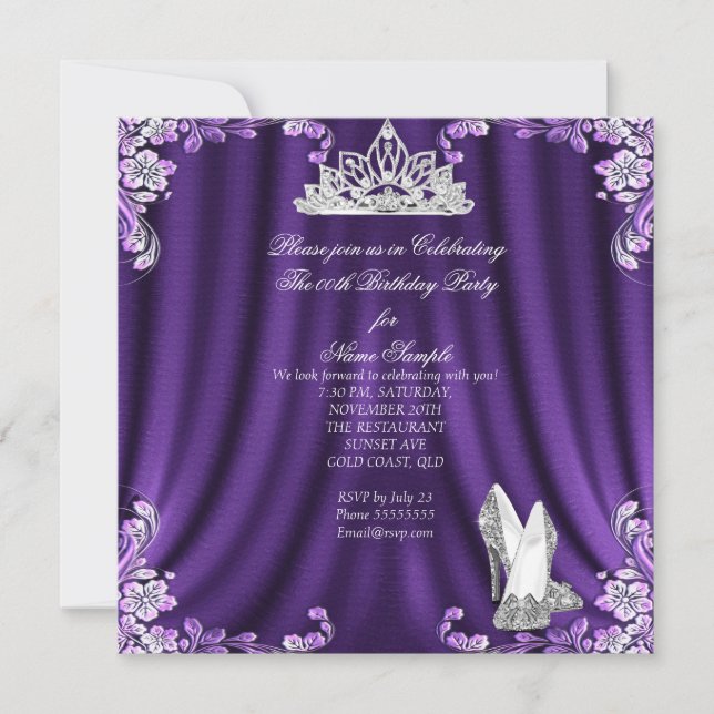 Invitation Princess Purple Silver High Heures Anniversaire fê (Devant)