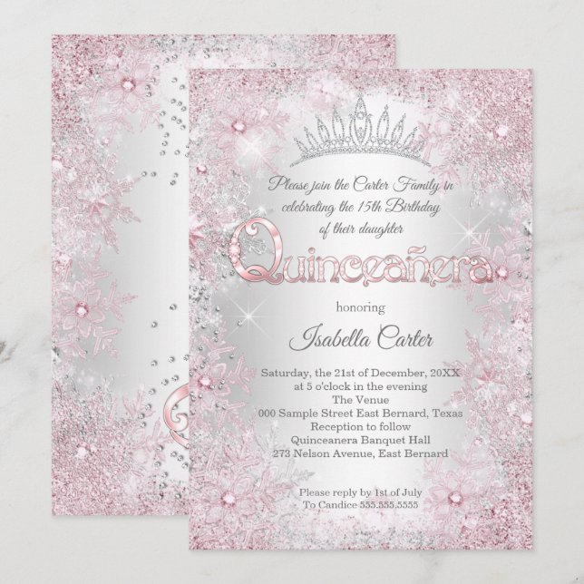 Invitation Princess Quinceanera Anniversaire Fête Pink Silver (Devant / Derrière)