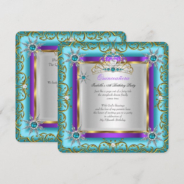 Invitation Princess Quinceanera Elite Gold Silver Turquoise v (Devant / Derrière)