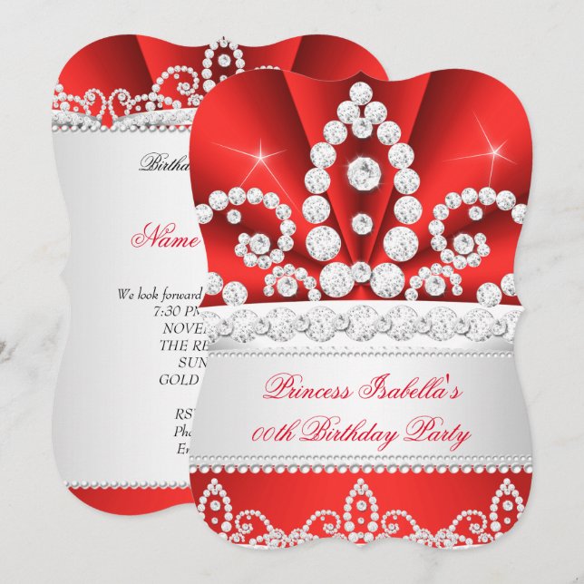 Invitation Princess Red Diamond Tiara fête d'anniversaire (Devant / Derrière)