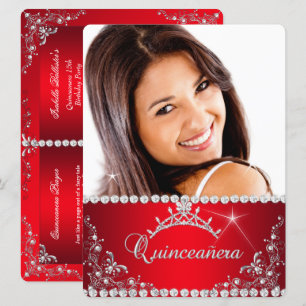 Invitation Princess Red Quinceanera Photo Silver Tiara