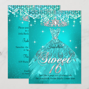 Invitation Princess Sweet 16 Anniversaire Turquoise Aqua Robe