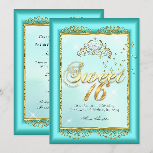 Invitation Princess Sweet 16 Turquoise Blue Gold fête d'anniv (Devant / Derrière)
