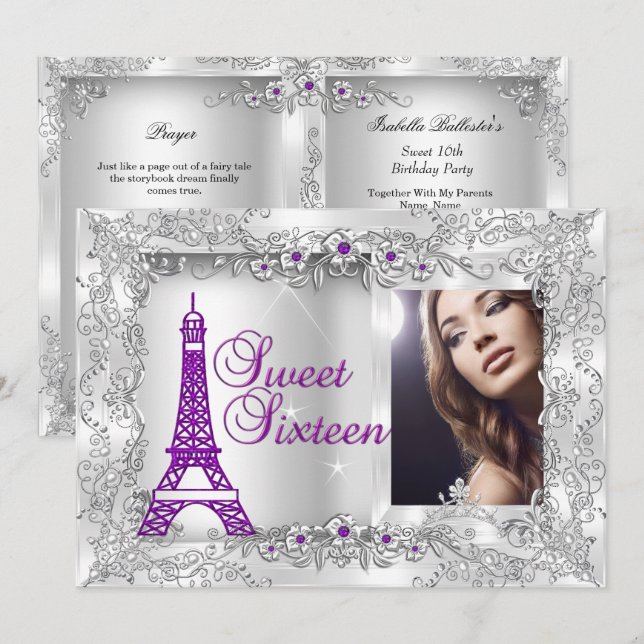 Invitation Princess Sweet 16 violet Silver Photo Party (Devant / Derrière)