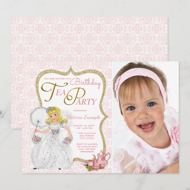 Invitation Princess Tea Party fête d'anniversaire (Devant / Derrière)