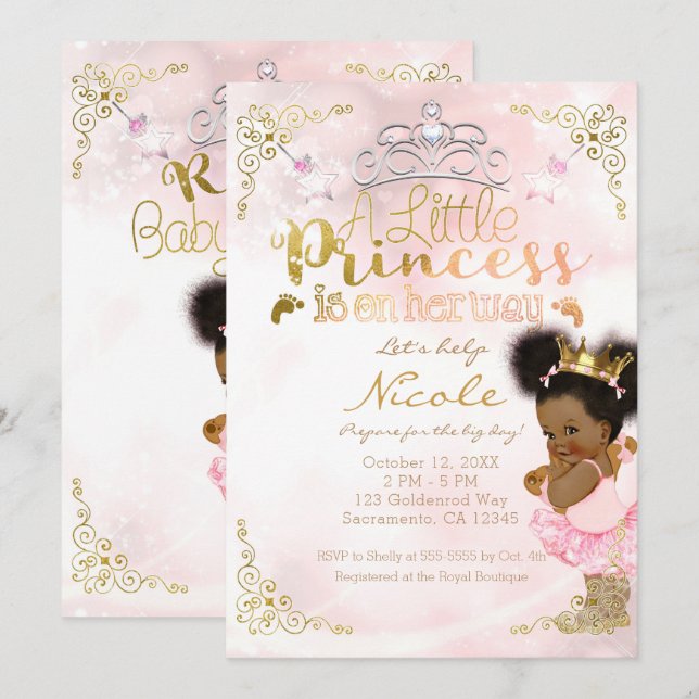 Invitation Princess Tutu & Gold Crown Ethnic Baby Girl Show (Devant / Derrière)