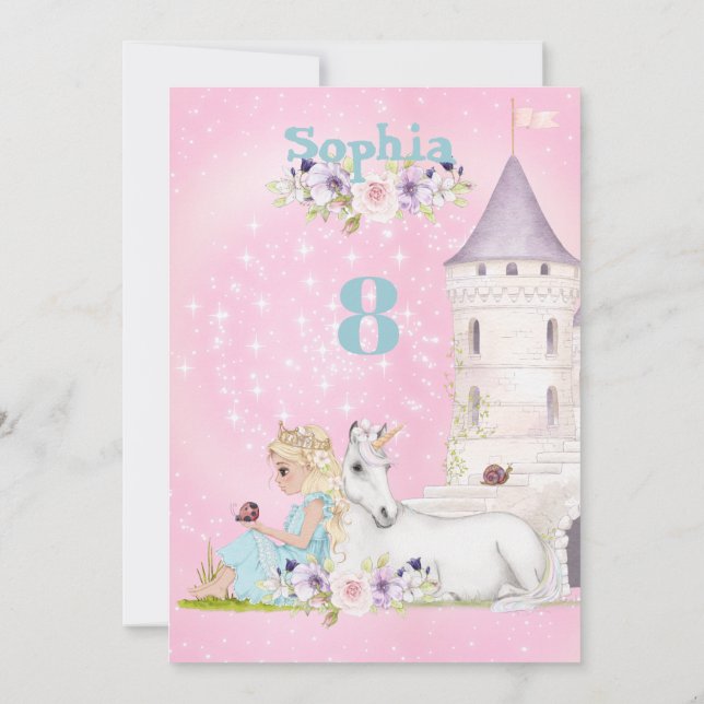 Invitation Princess Unicorn Stars rose mignon âge Anniversair (Dos)