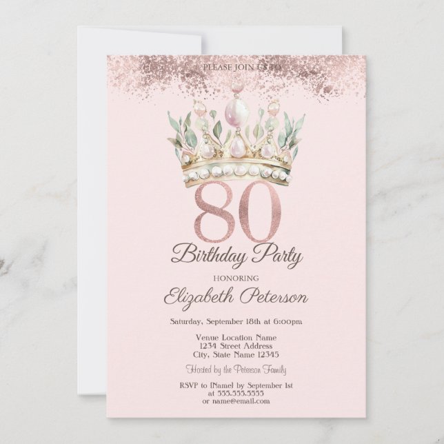 Invitation Princess Watercor Crown Floral 80e anniversaire (Devant)