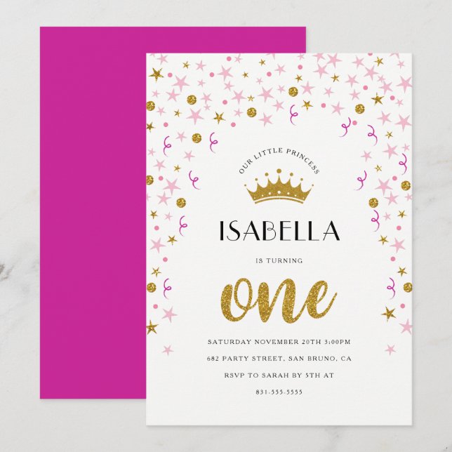 Invitation Princesse 1er anniversaire | Confetti or et rose (Devant / Derrière)