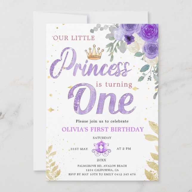 Invitation Princesse 1Er Anniversaire Couronne Lilac pourpre (Devant)