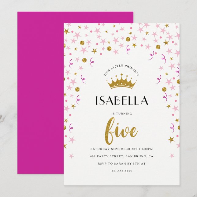 Invitation Princesse 5e anniversaire | Confetti or et rose (Devant / Derrière)