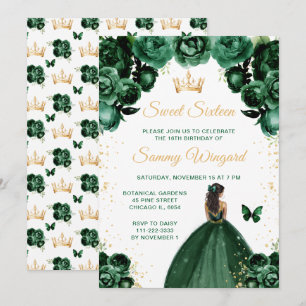 Invitation Princesse à la peau foncée et vert foncé Sweet Six