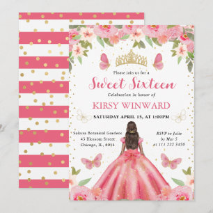 Invitation Princesse à peau foncée en robe rose, fête des 16 